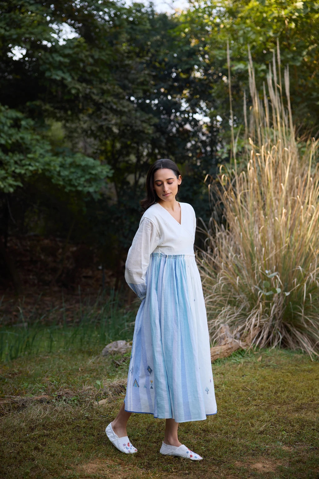 Amaya Dress — White and blue cotton Jamdani wrap dress — full length | Sarron