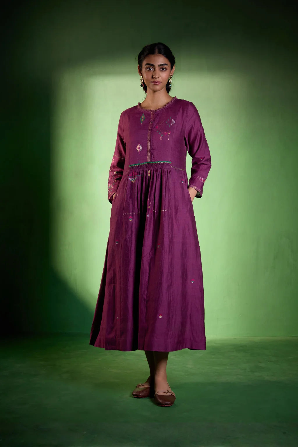 Sarron Amrita Dress, plum purple silk-cotton Jamdani dress with geometric motifs and a gathered waist.