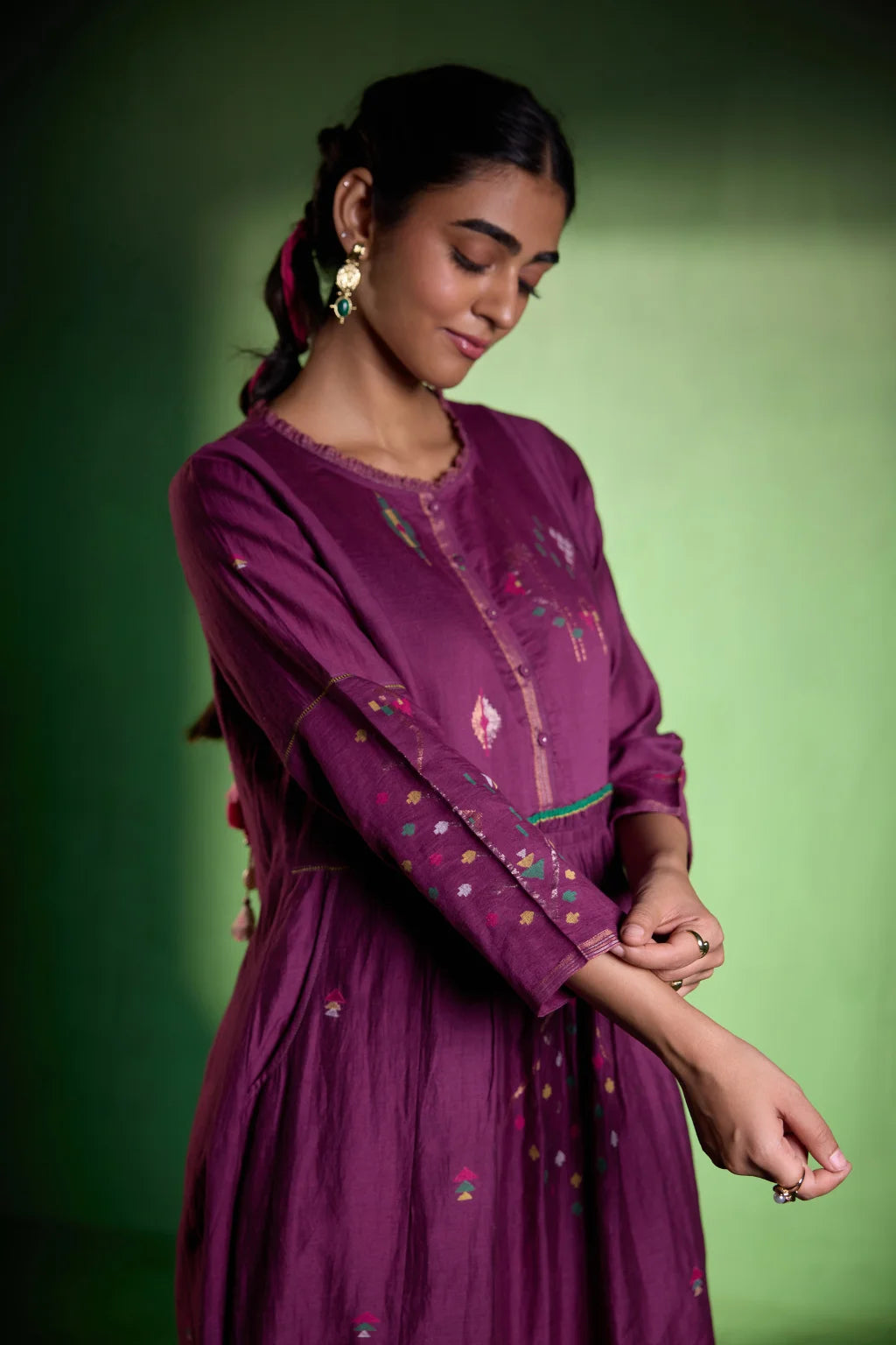 Sarron Amrita Dress, plum purple silk-cotton Jamdani dress with geometric motifs and a gathered waist.