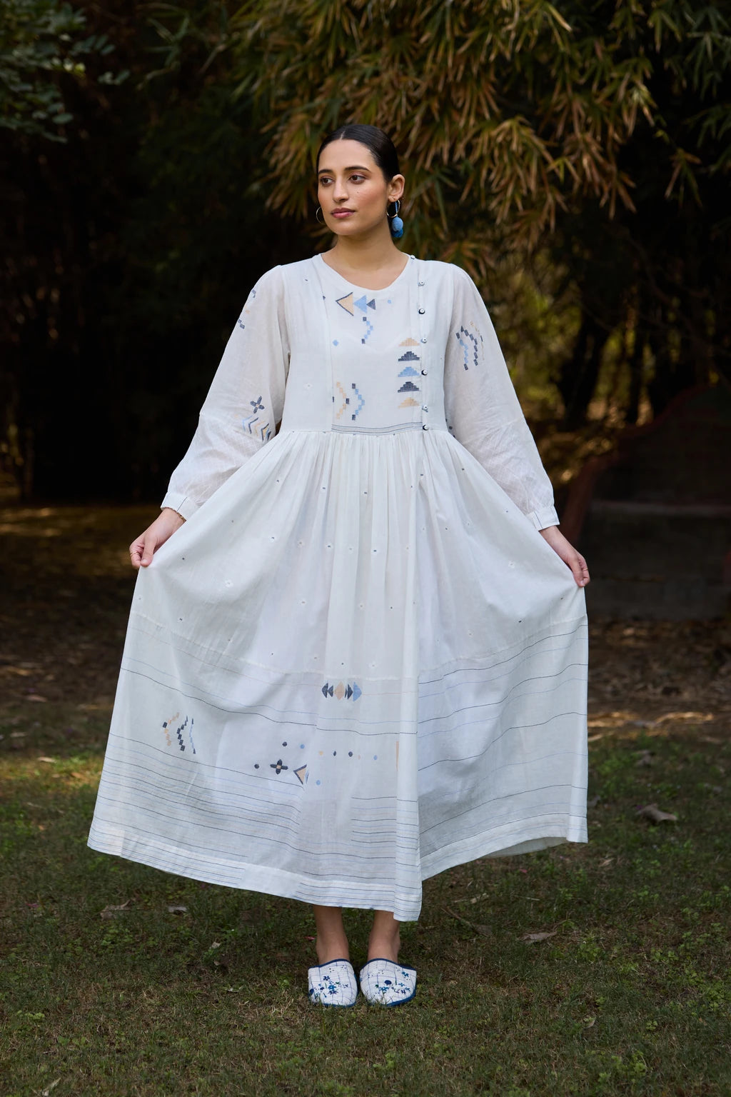 Ananta Dress — White cotton maxi patchwork Jamdani dress — detail view | Sarron