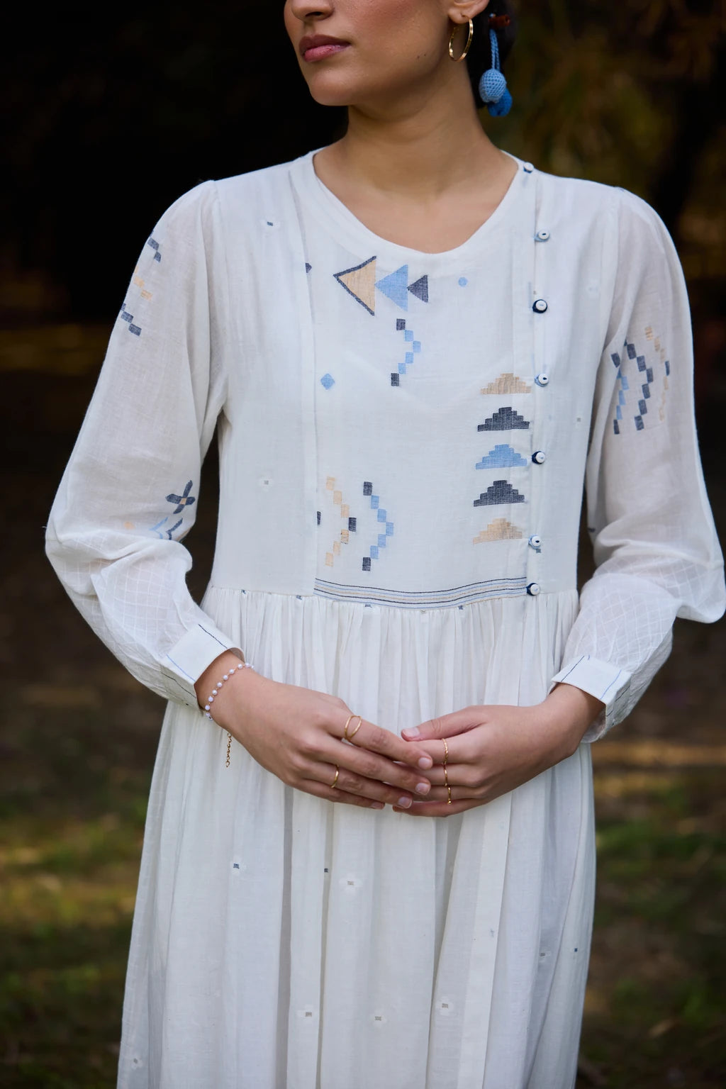 Ananta Dress — White cotton maxi patchwork Jamdani dress — close-up | Sarron