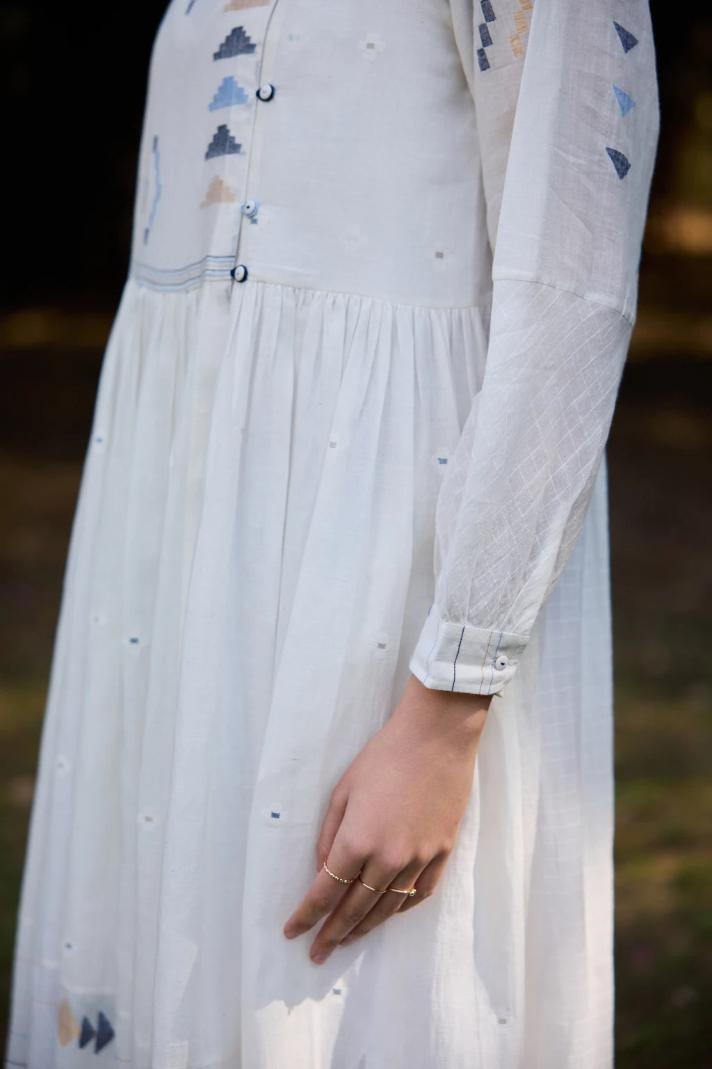 Ananta Dress — White cotton maxi patchwork Jamdani dress — full length | Sarron