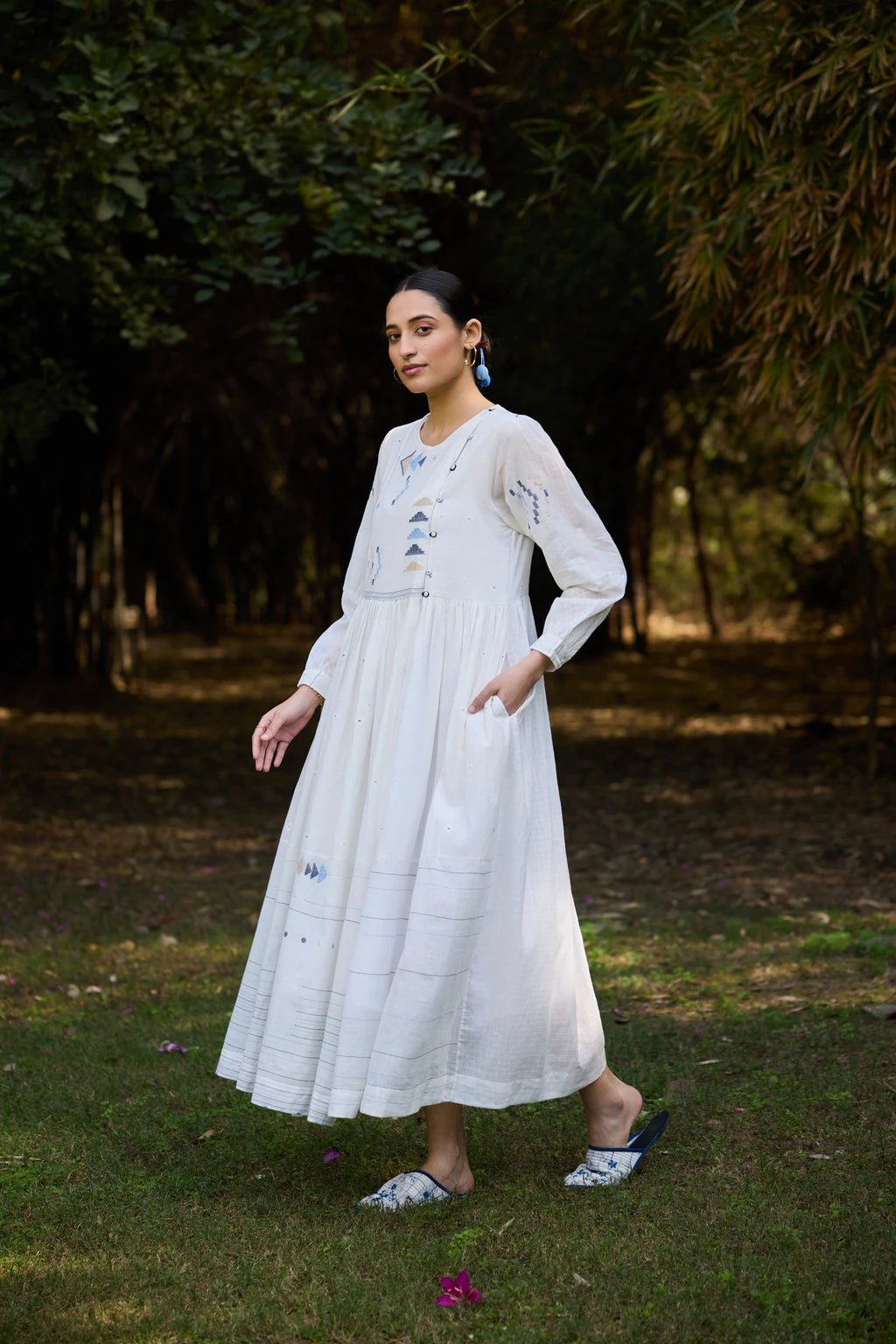 Ananta Dress — White cotton maxi patchwork Jamdani dress — alternate angle | Sarron