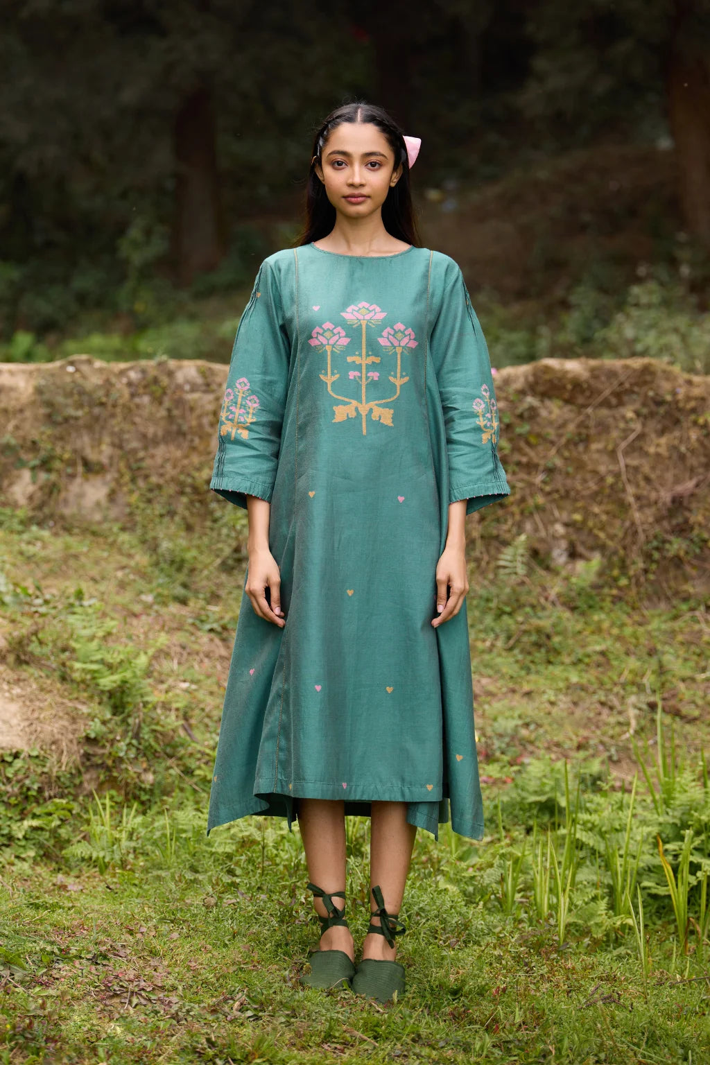 Sarron Anitha Dress, forest green silk-cotton Jamdani panelled dress with floral and heart-shaped motifs.
