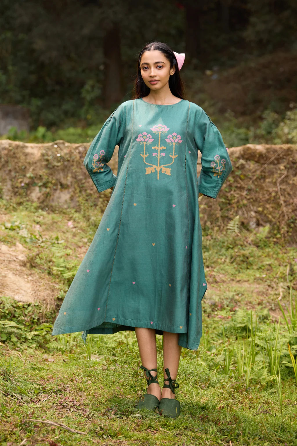 Sarron Anitha Dress, forest green silk-cotton Jamdani panelled dress with floral and heart-shaped motifs.