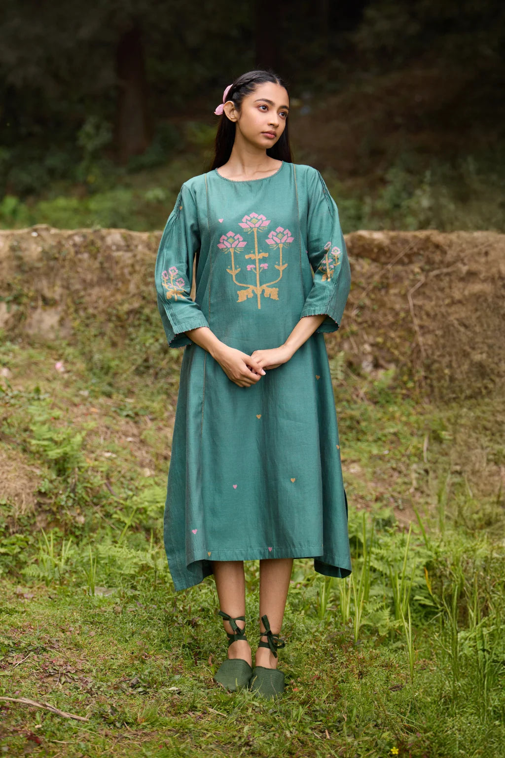 Sarron Anitha Dress, forest green silk-cotton Jamdani panelled dress with floral and heart-shaped motifs.