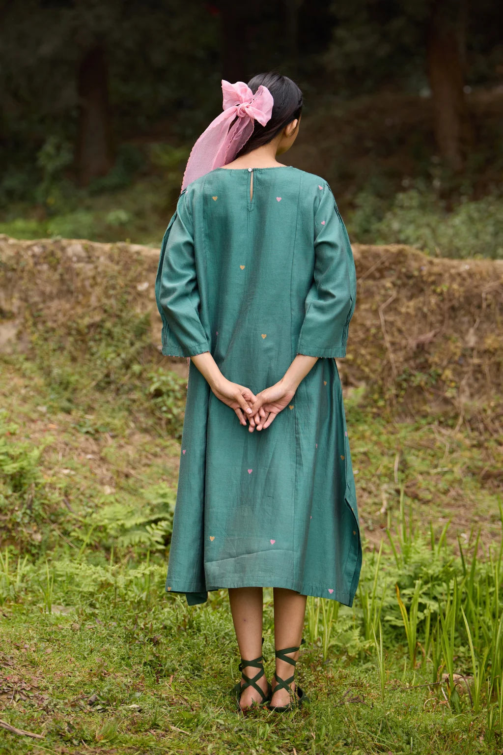 Sarron Anitha Dress, forest green silk-cotton Jamdani panelled dress with floral and heart-shaped motifs.
