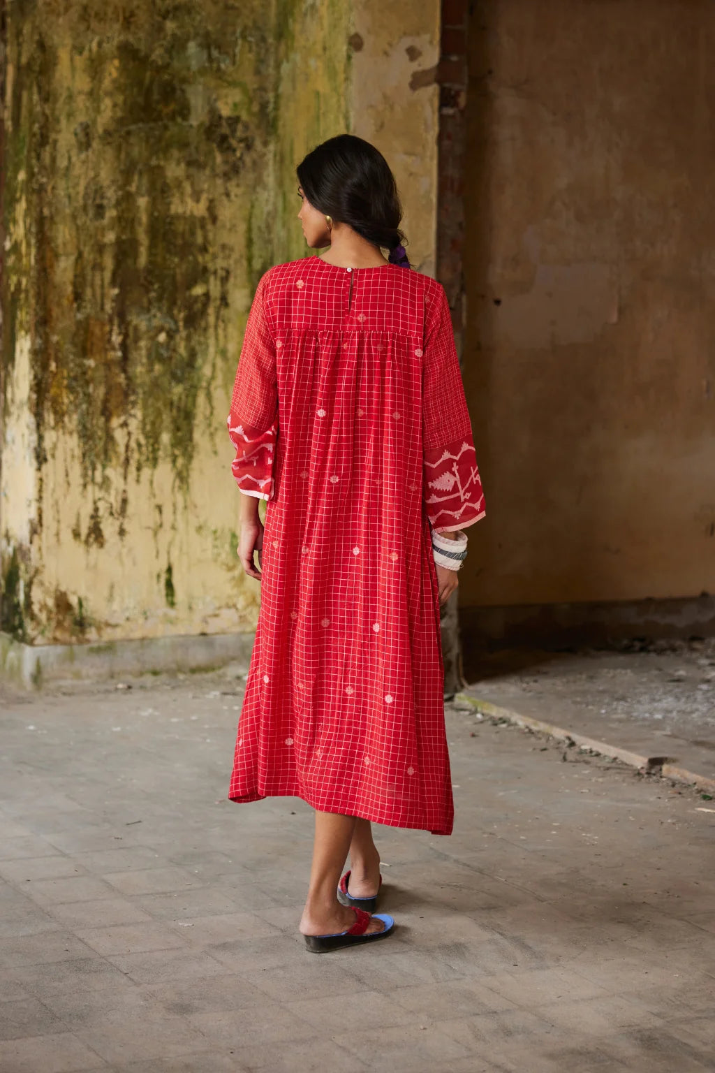 Sarron Ankita Dress, red patchwork cotton Jamdani dress with large geometric motifs and bodice pintucks.