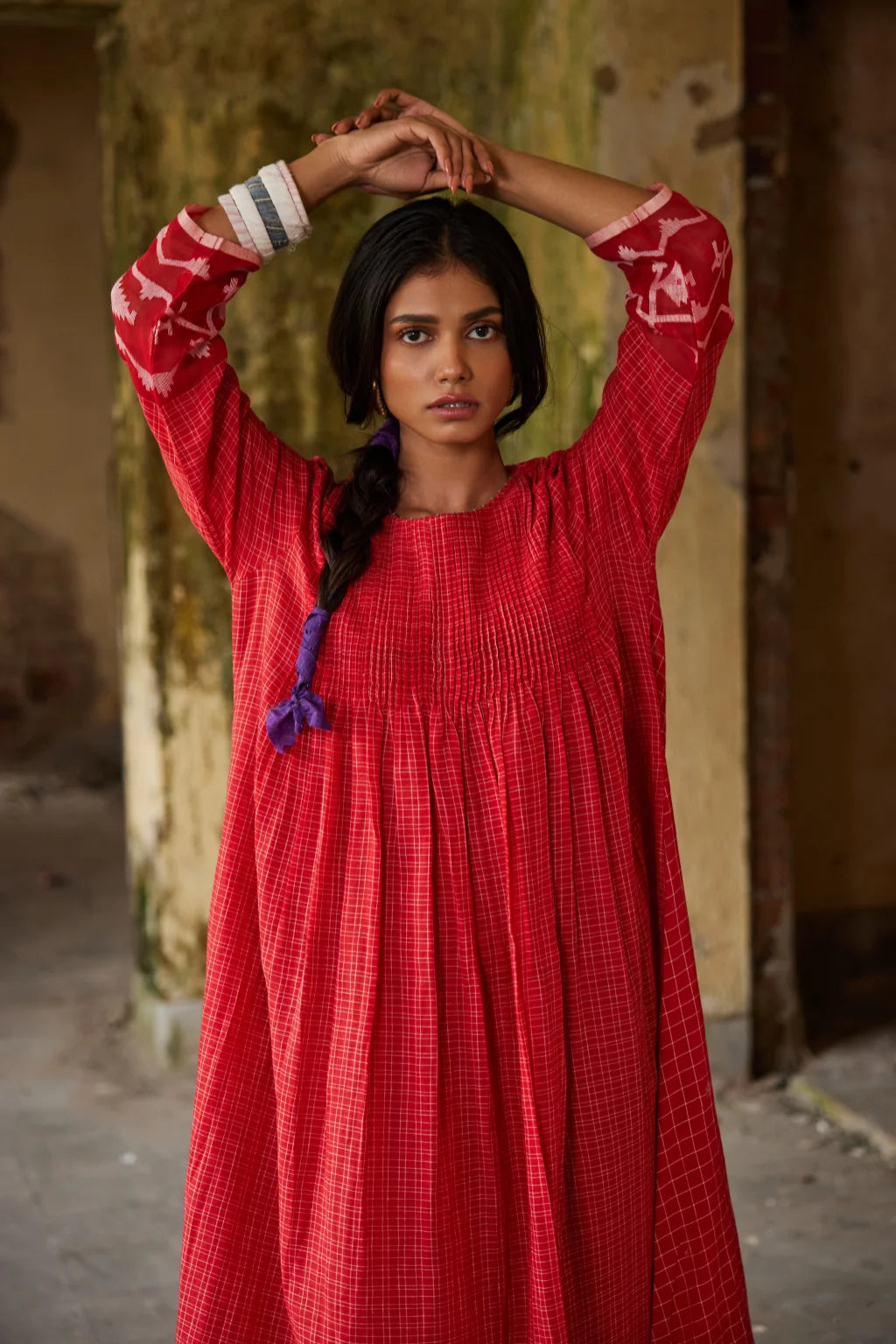 Sarron Ankita Dress, red patchwork cotton Jamdani dress with large geometric motifs and bodice pintucks.