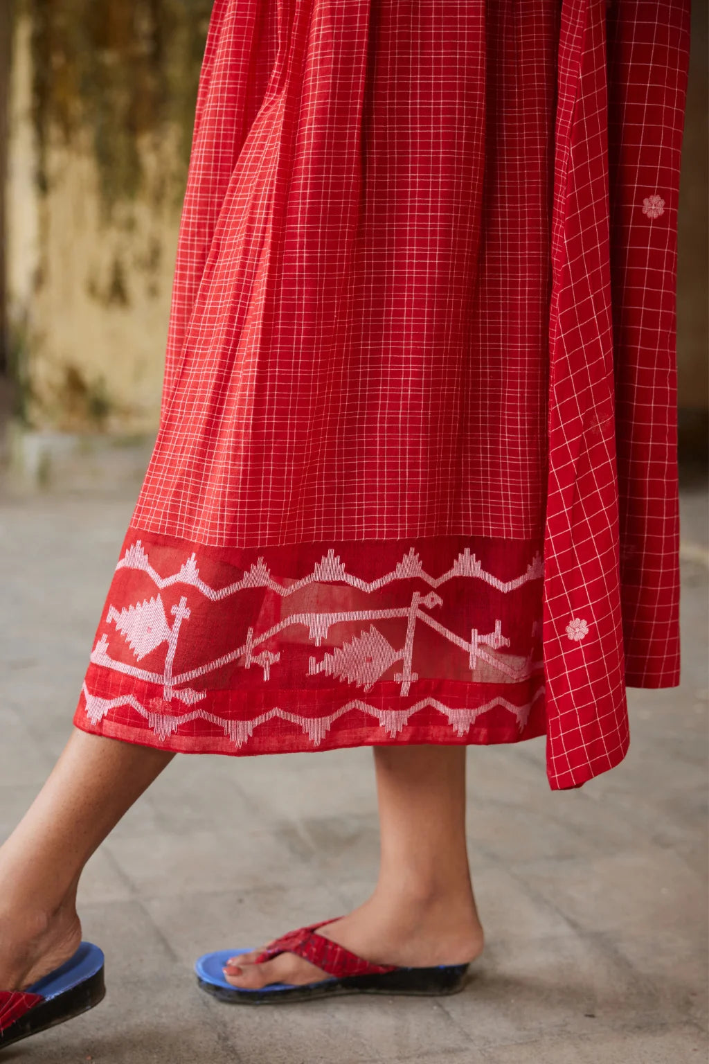 Sarron Ankita Dress, red patchwork cotton Jamdani dress with large geometric motifs and bodice pintucks.
