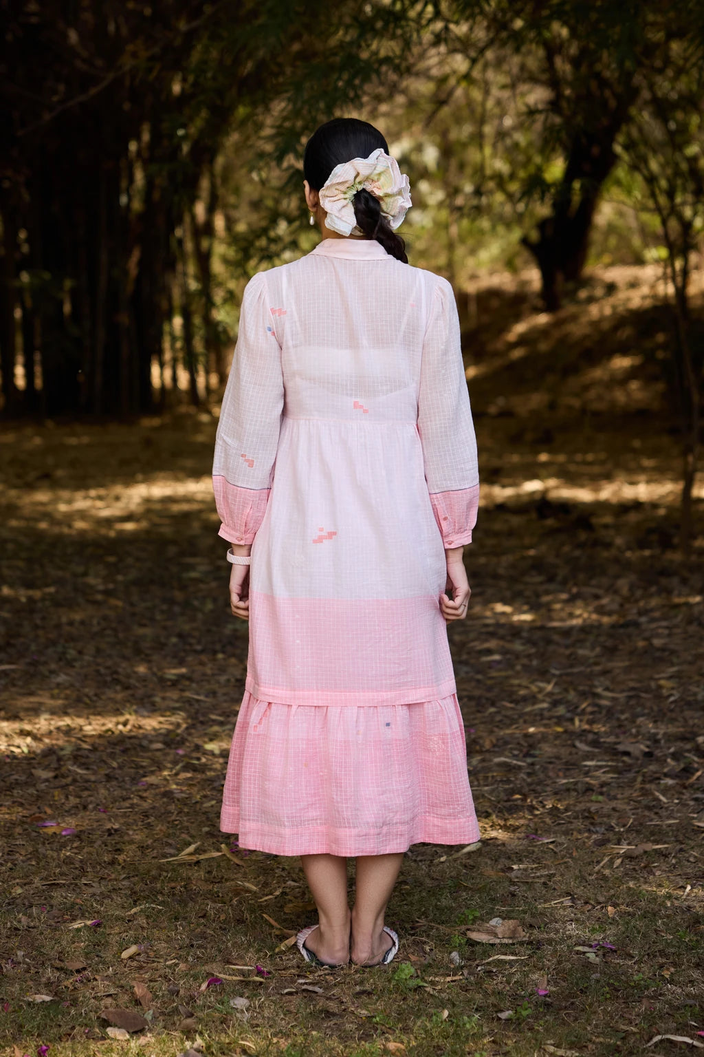Ansha Dress — Pink ombré striped Jamdani tiered dress — detail view | Sarron