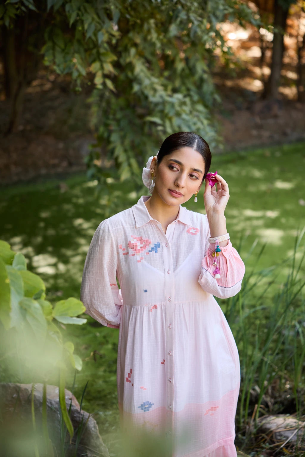 Ansha Dress — Pink ombré striped Jamdani tiered dress — alternate angle | Sarron