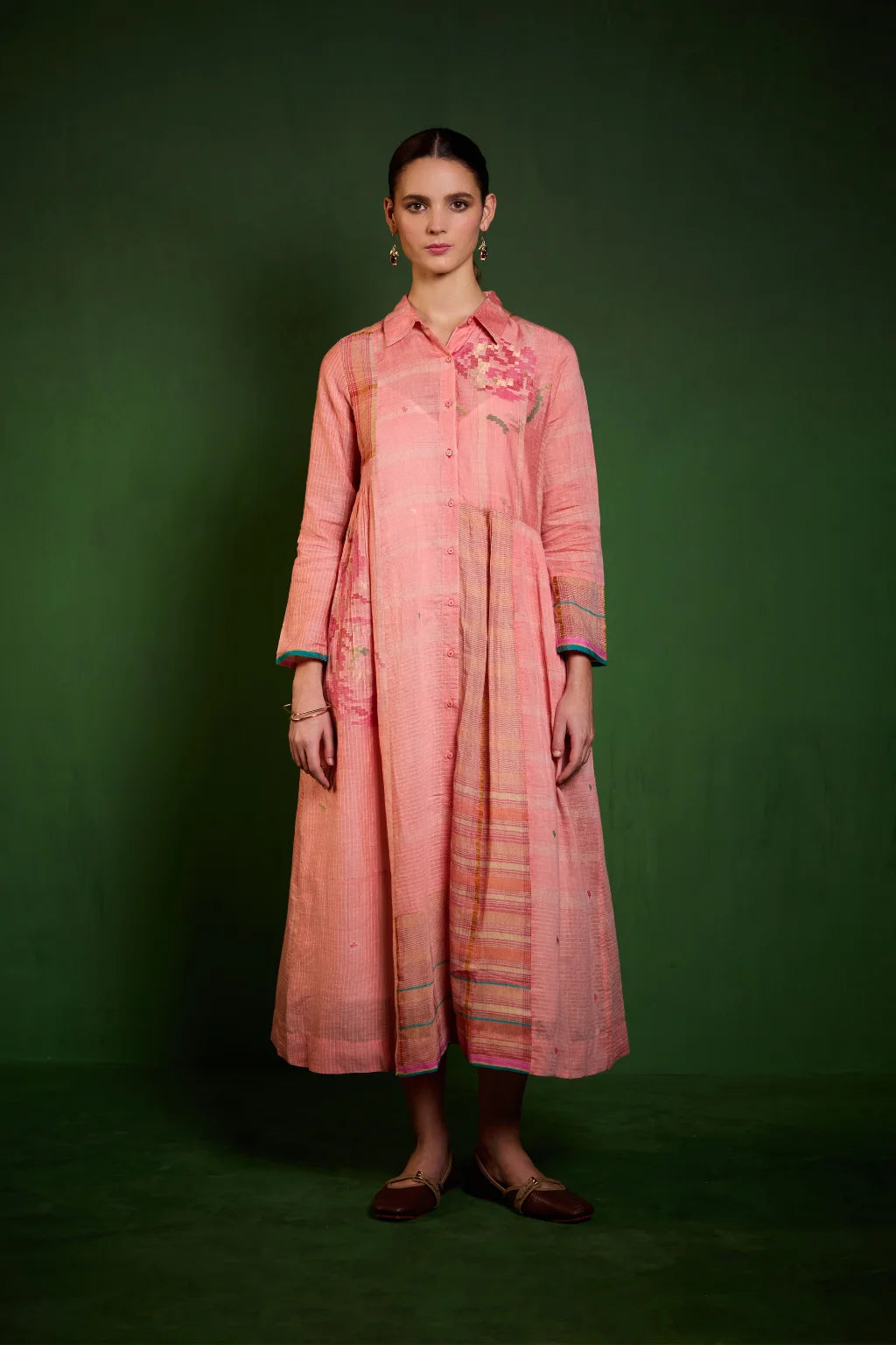 Sarron Arushi Dress, peach striped silk-cotton Jamdani collared dress with a graph-style motif and zari stripes.