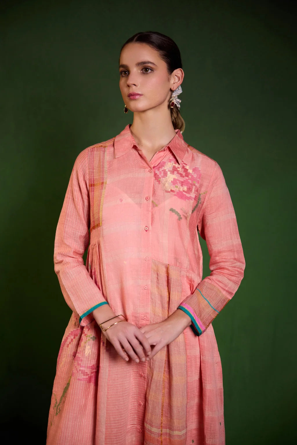 Sarron Arushi Dress, peach striped silk-cotton Jamdani collared dress with a graph-style motif and zari stripes.