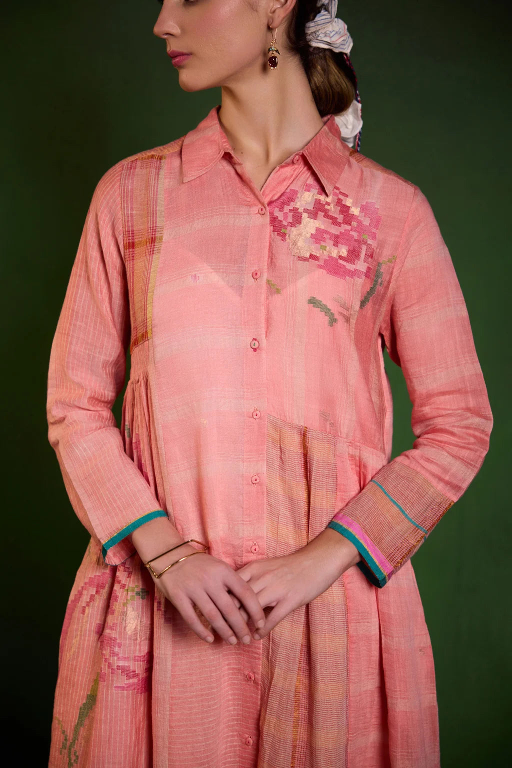 Sarron Arushi Dress, peach striped silk-cotton Jamdani collared dress with a graph-style motif and zari stripes.
