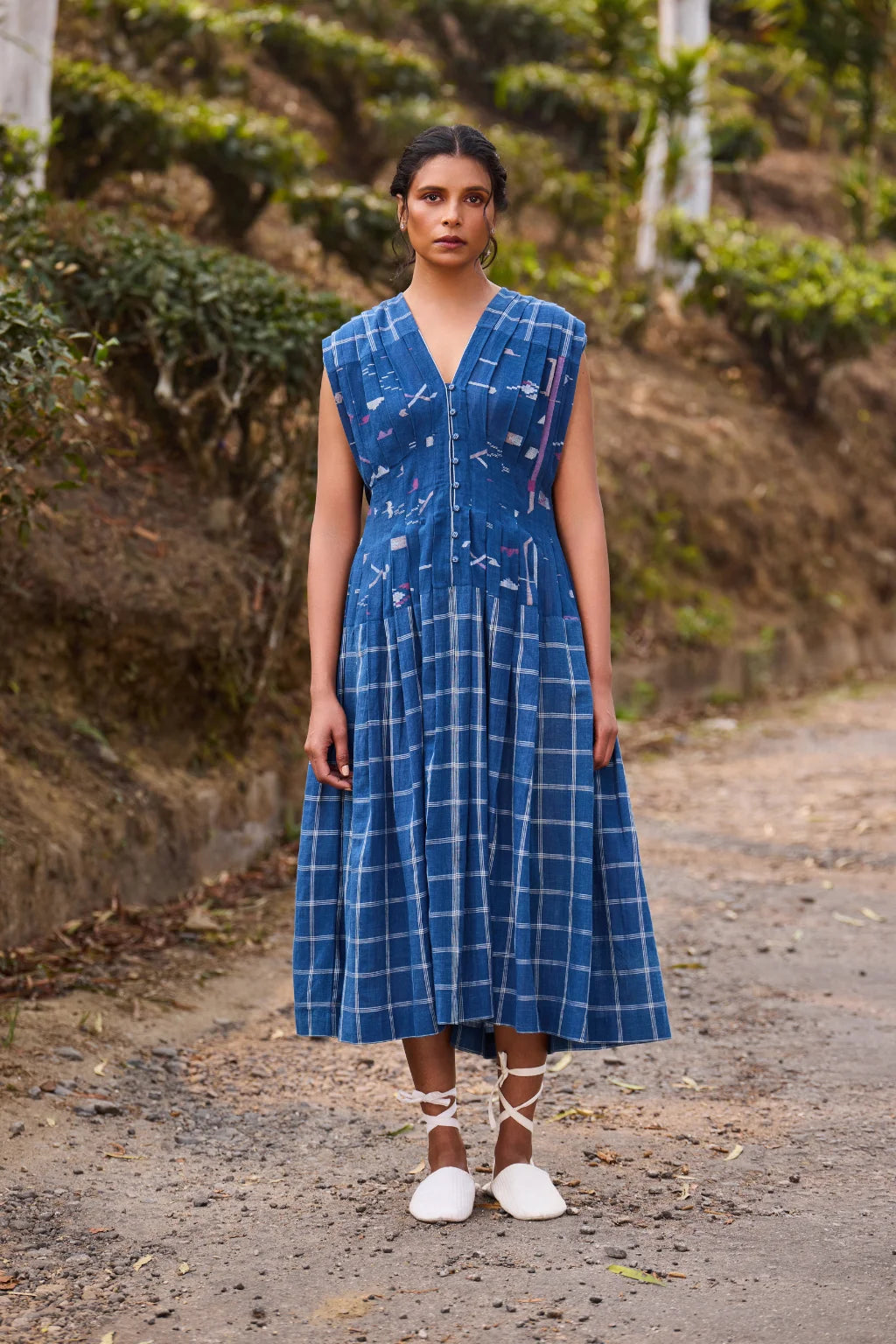 Sarron Elakshi Dress, indigo blue checked cotton Jamdani fit-and-flare dress with geometric motifs.