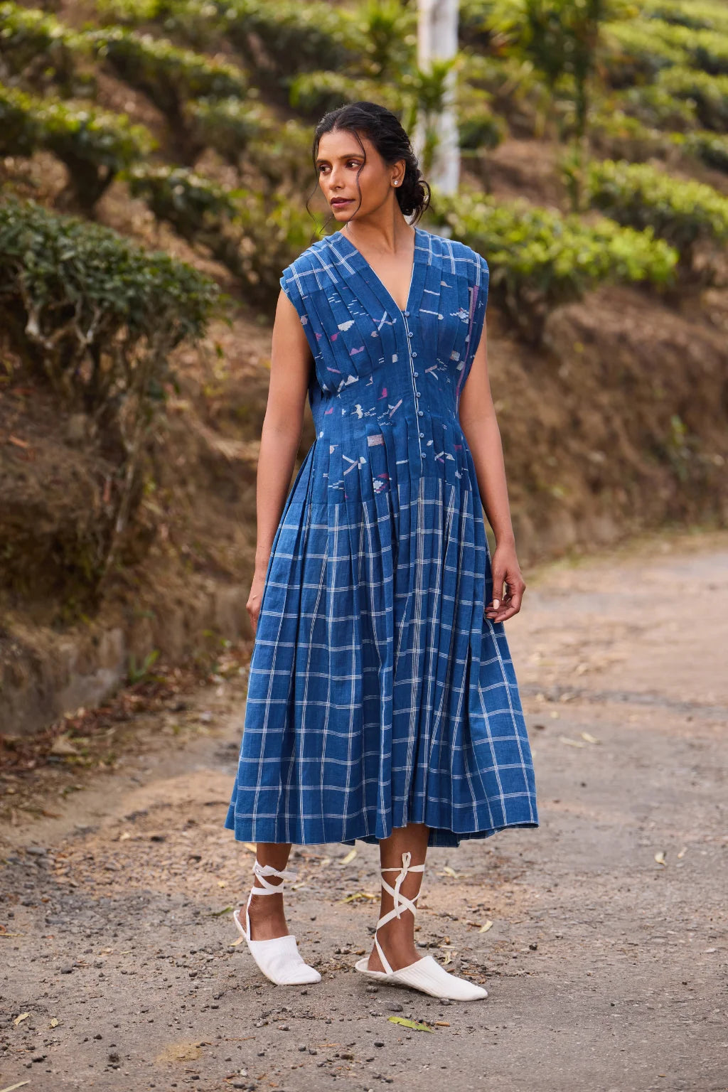 Sarron Elakshi Dress, indigo blue checked cotton Jamdani fit-and-flare dress with geometric motifs.