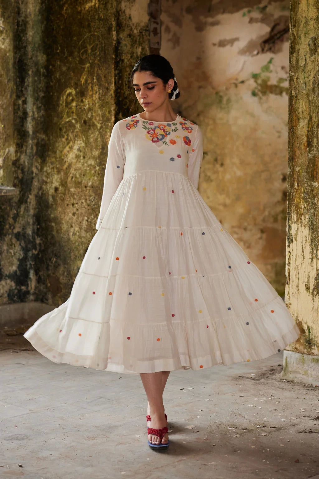 Sarron Gauri Dress, white tiered silk-cotton Jamdani dress with a floral placement motif and Kantha embroidery.
