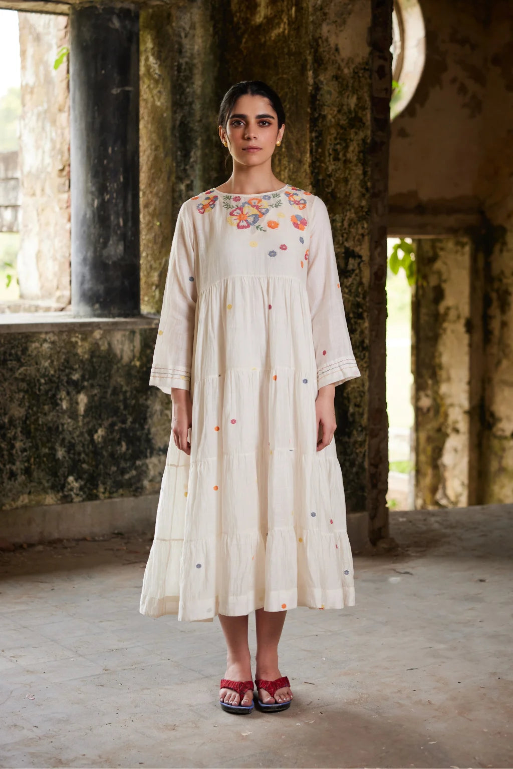 Sarron Gauri Dress, white tiered silk-cotton Jamdani dress with a floral placement motif and Kantha embroidery.