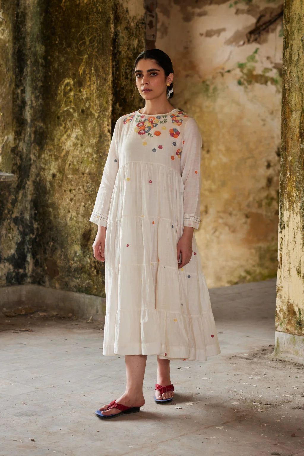 Sarron Gauri Dress, white tiered silk-cotton Jamdani dress with a floral placement motif and Kantha embroidery.