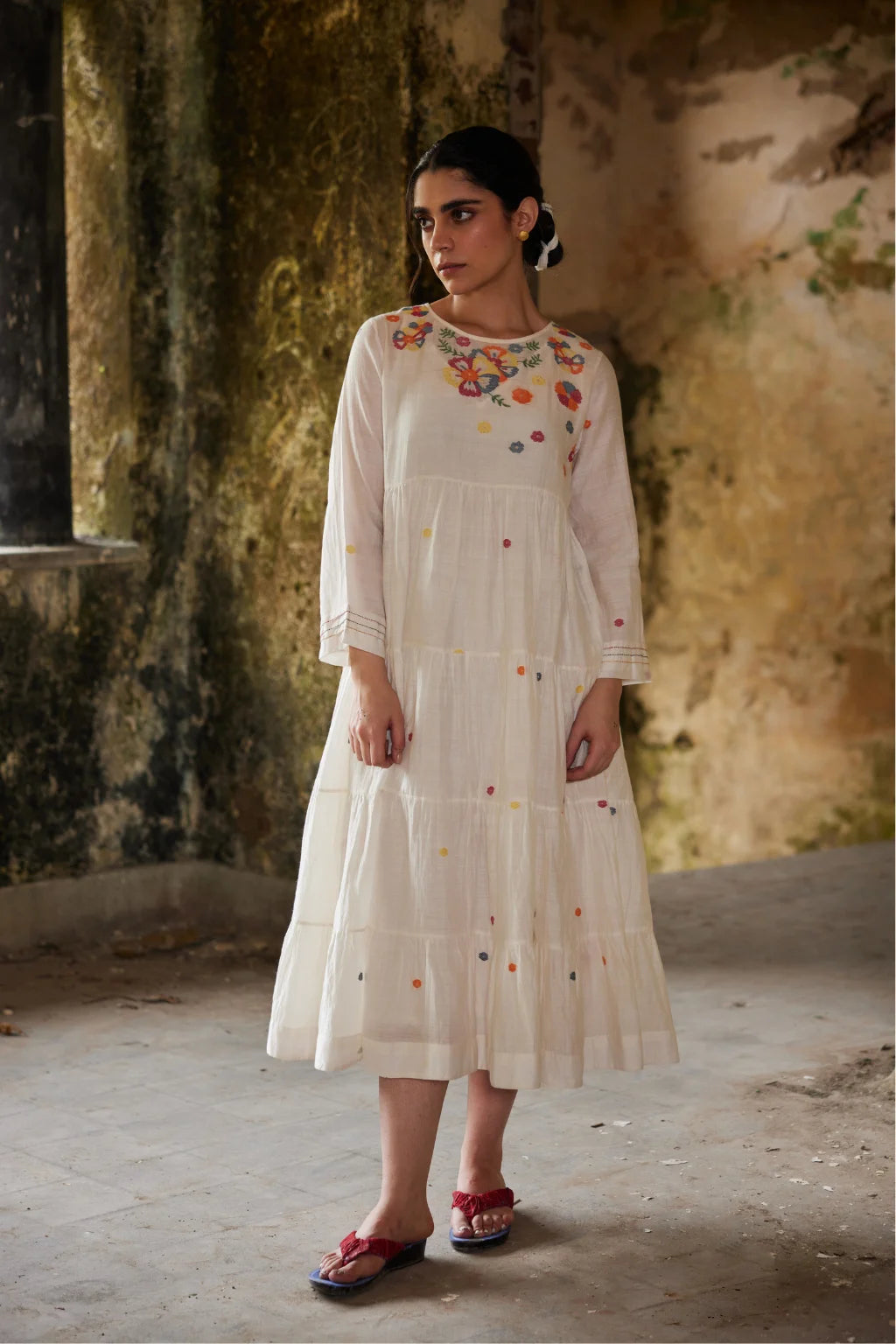 Sarron Gauri Dress, white tiered silk-cotton Jamdani dress with a floral placement motif and Kantha embroidery.