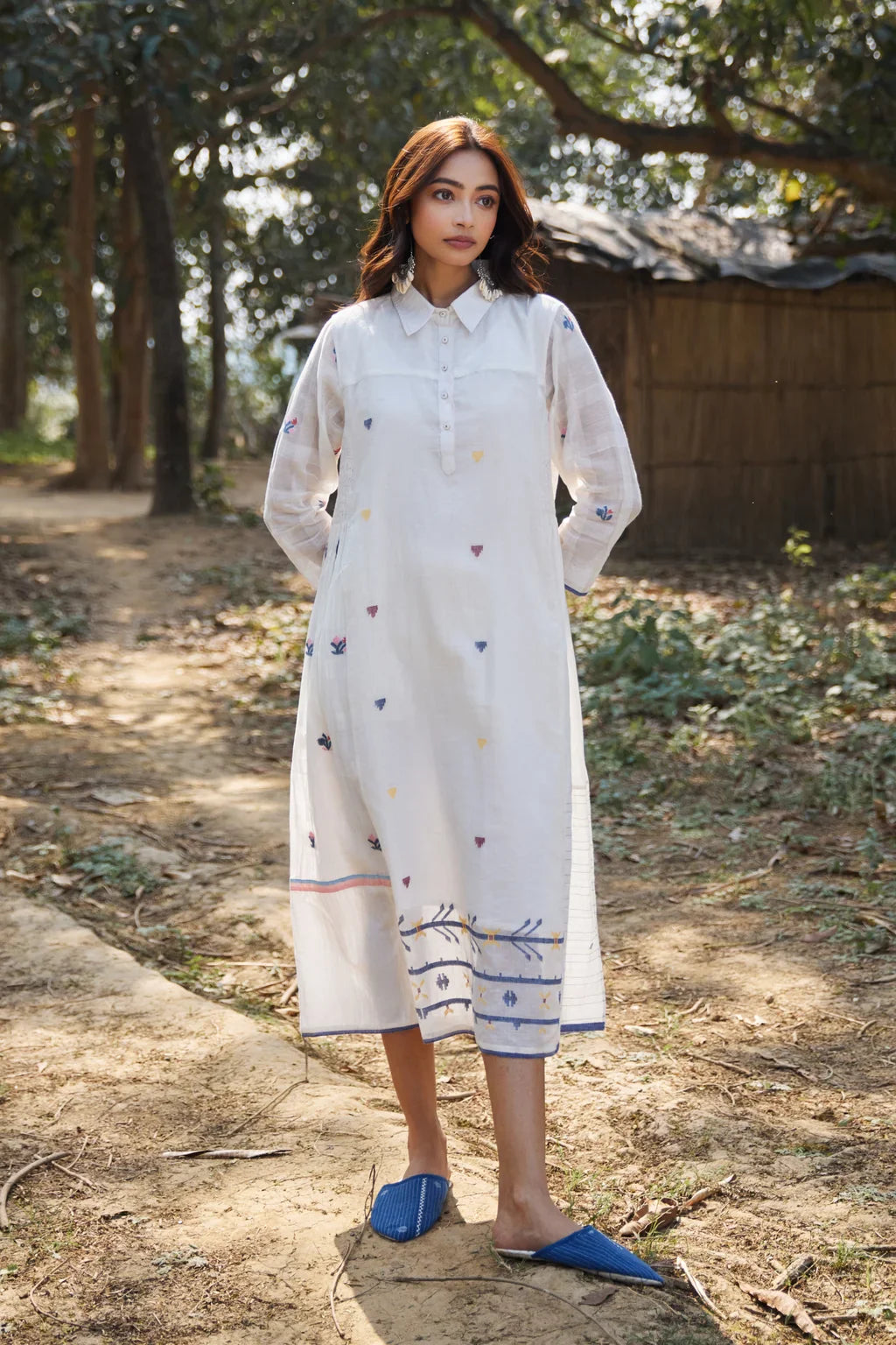 Sarron Hima Dress, white silk-cotton Jamdani midi dress with handwoven motifs and an A-line cut.
