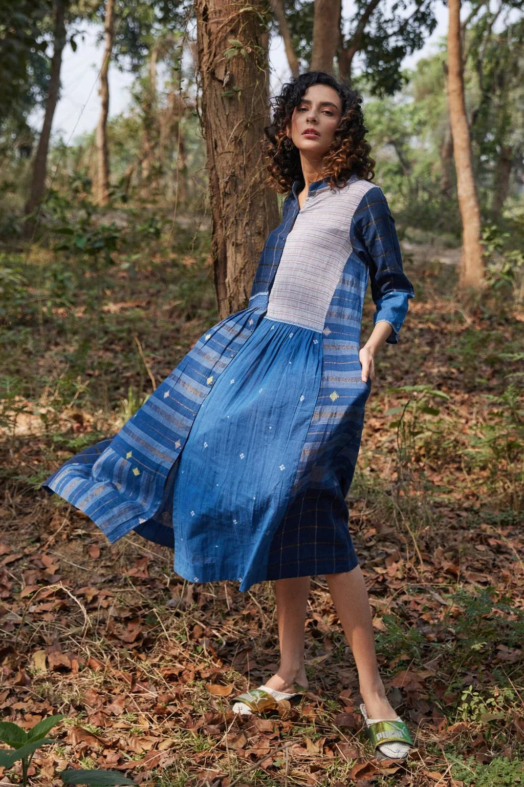 Sarron Indira Dress, blue cotton Jamdani dress with stripes, checks and handwoven Jamdani motifs.