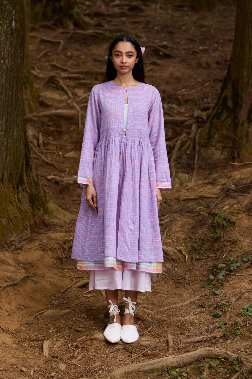 Sarron Indrani Overlay, reversible purple cotton Jamdani and pink handloom cotton overlay with smocking.