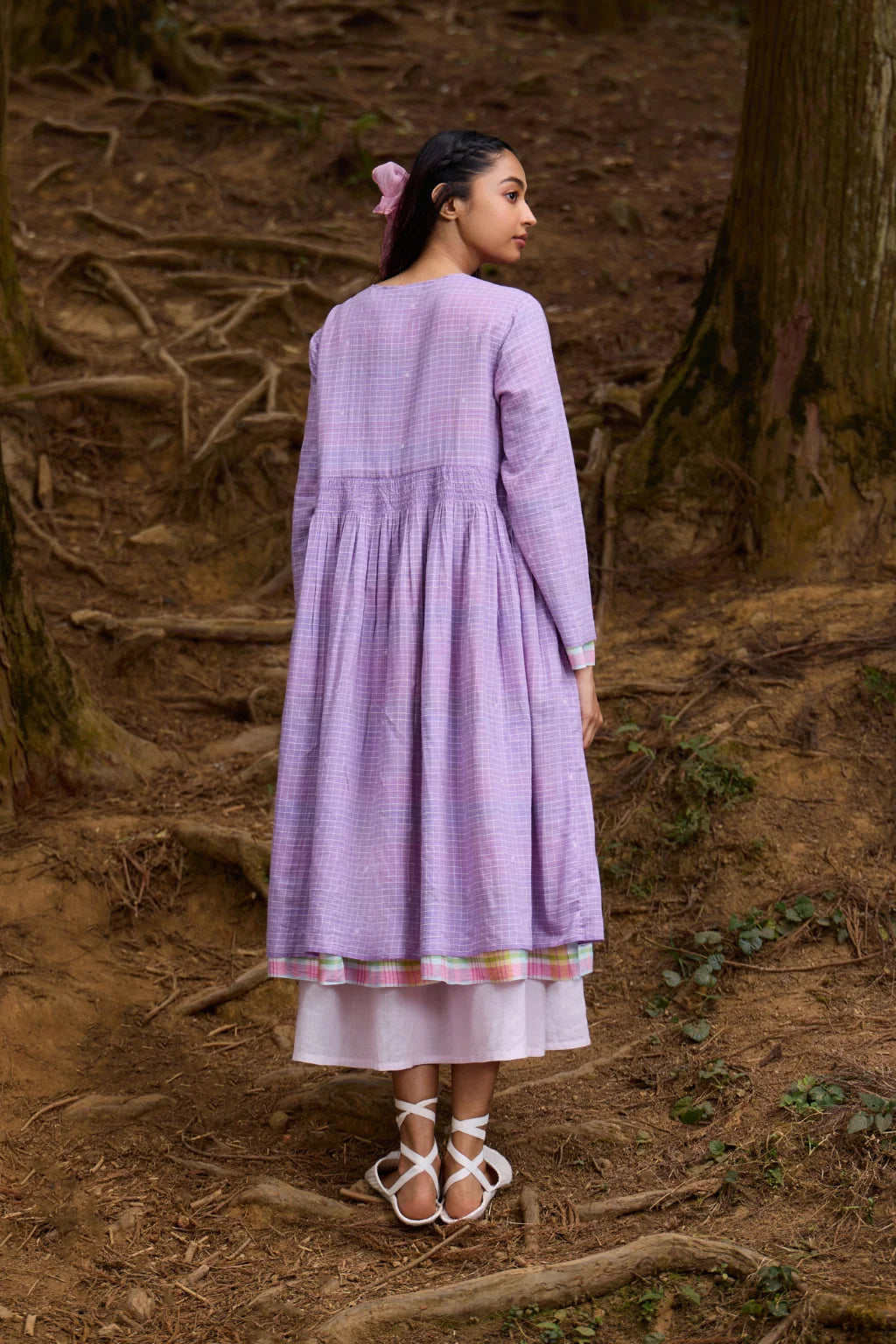 Sarron Indrani Overlay, reversible purple cotton Jamdani and pink handloom cotton overlay with smocking.