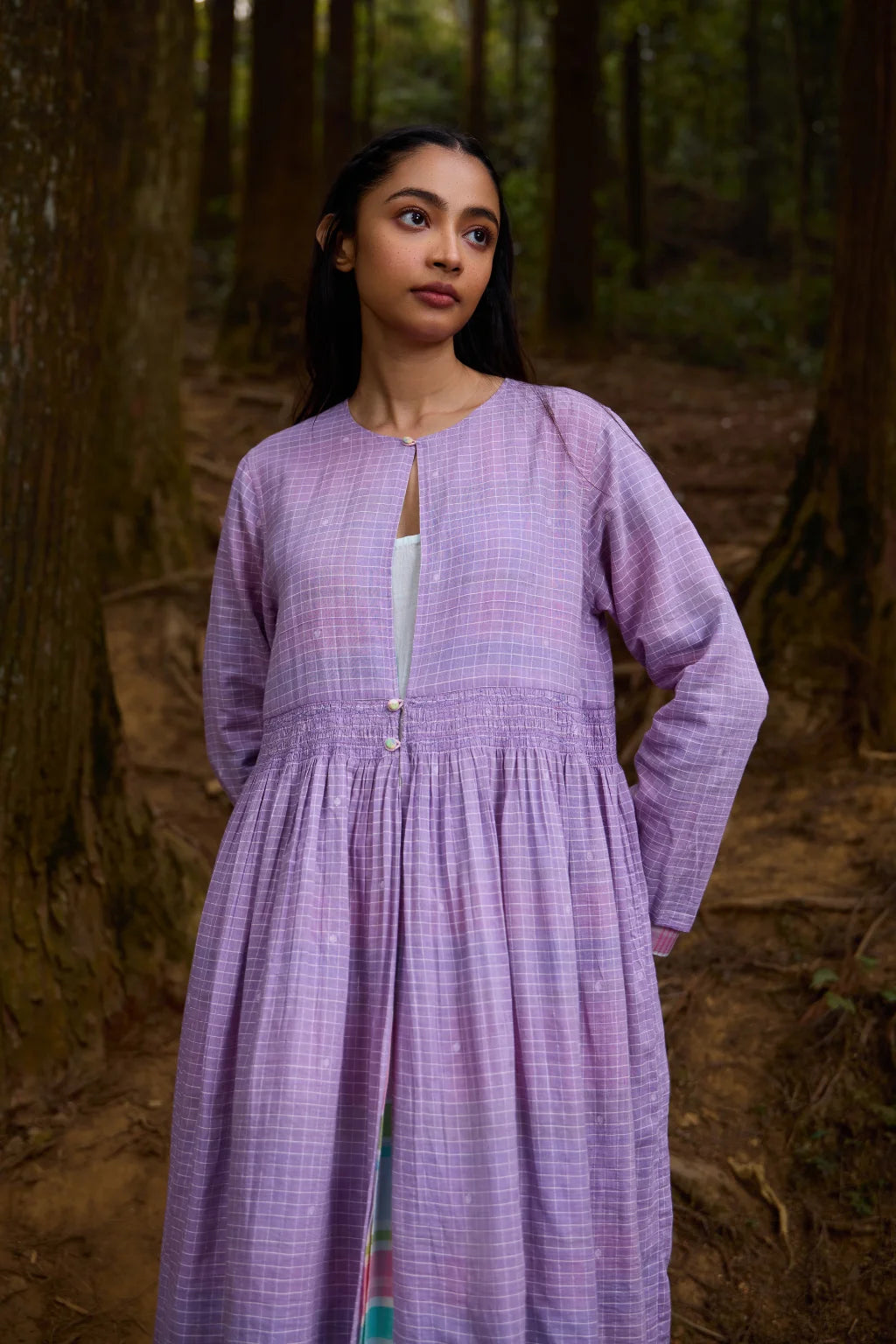 Sarron Indrani Overlay, reversible purple cotton Jamdani and pink handloom cotton overlay with smocking.