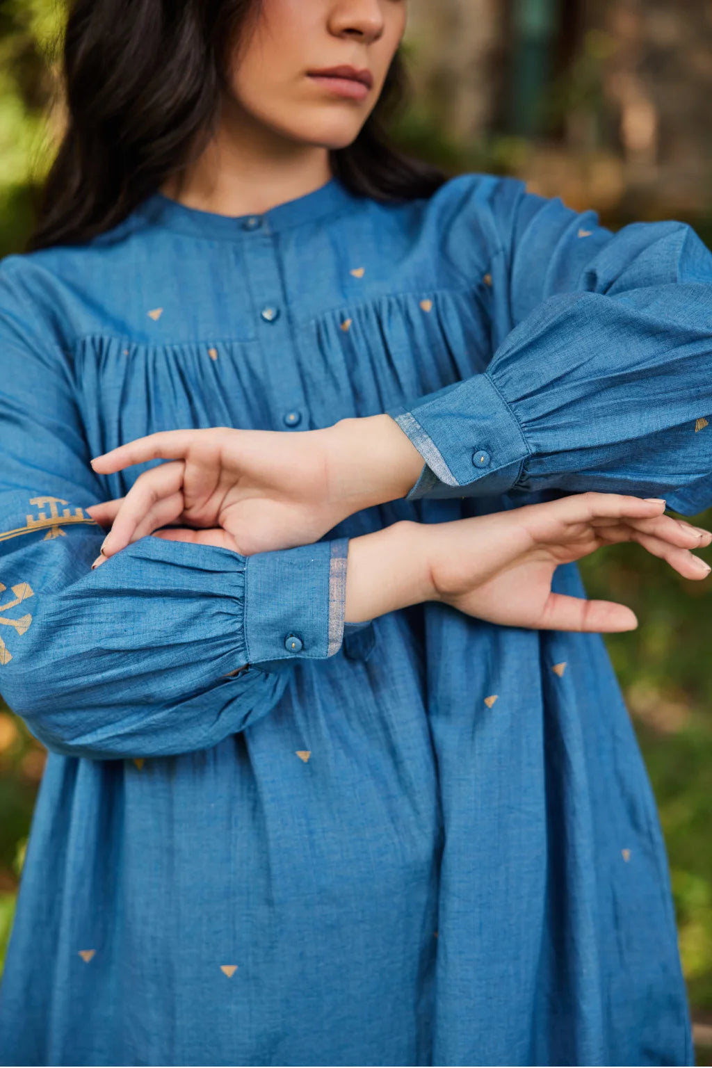 Sarron Jas Dress, blue silk-cotton Jamdani dress with small and large handwoven geometric motifs.