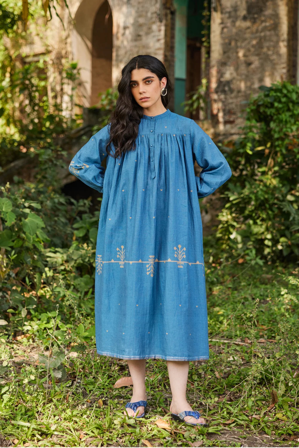Sarron Jas Dress, blue silk-cotton Jamdani dress with small and large handwoven geometric motifs.