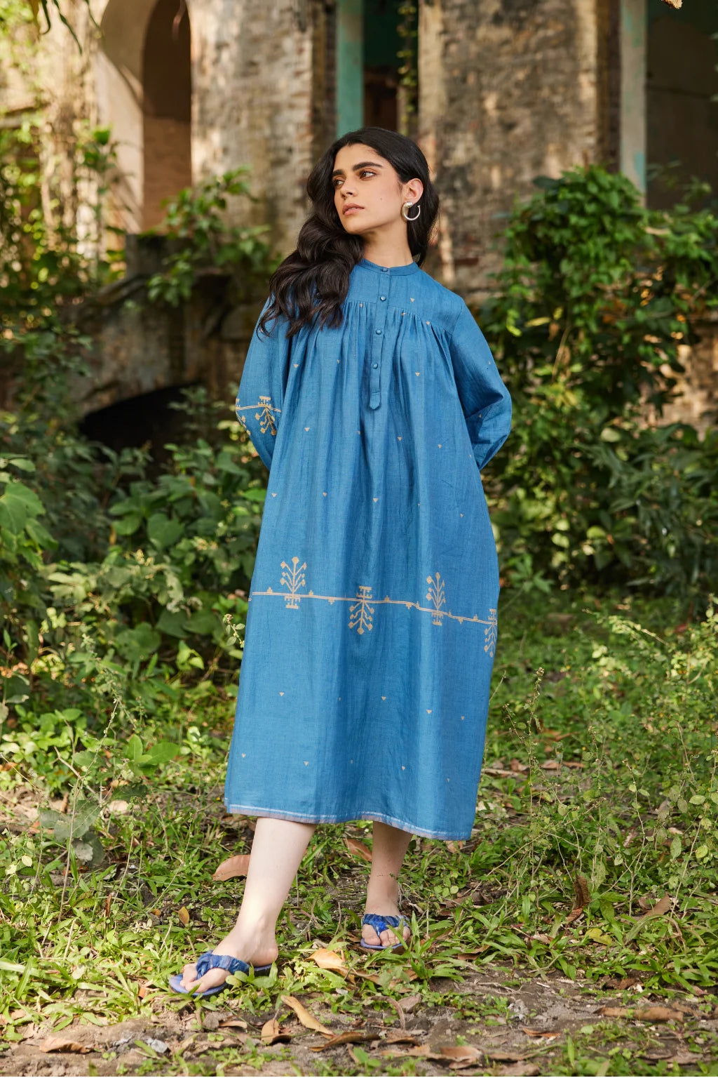 Sarron Jas Dress, blue silk-cotton Jamdani dress with small and large handwoven geometric motifs.