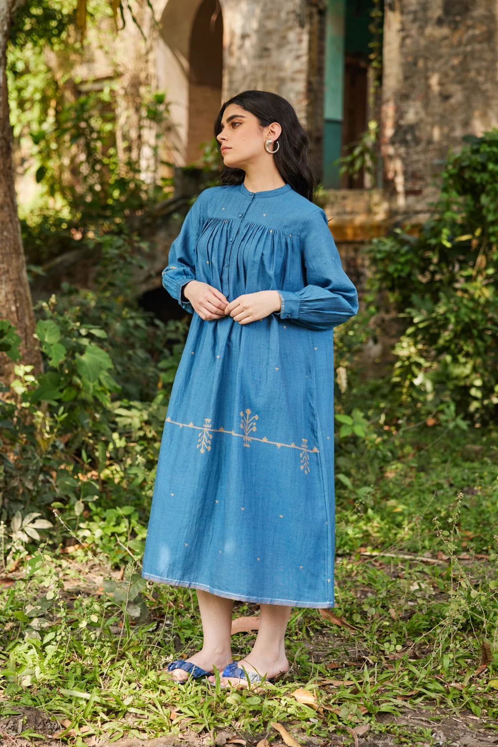 Sarron Jas Dress, blue silk-cotton Jamdani dress with small and large handwoven geometric motifs.