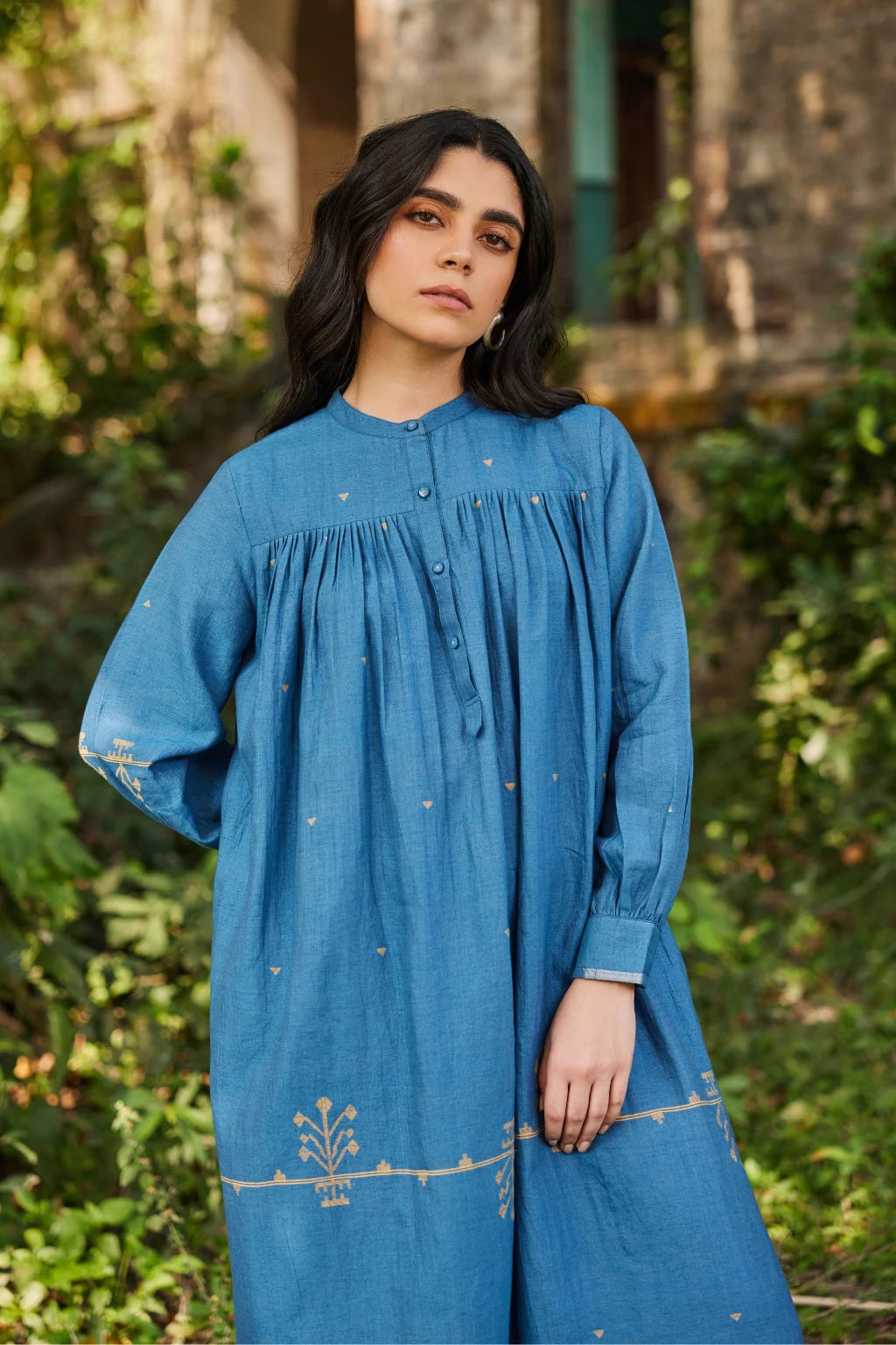 Sarron Jas Dress, blue silk-cotton Jamdani dress with small and large handwoven geometric motifs.