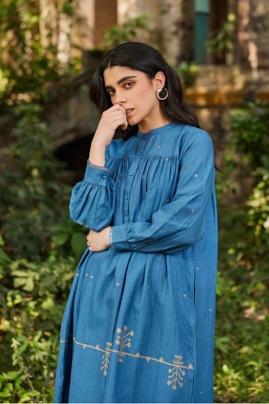 Sarron Jas Dress, blue silk-cotton Jamdani dress with small and large handwoven geometric motifs.