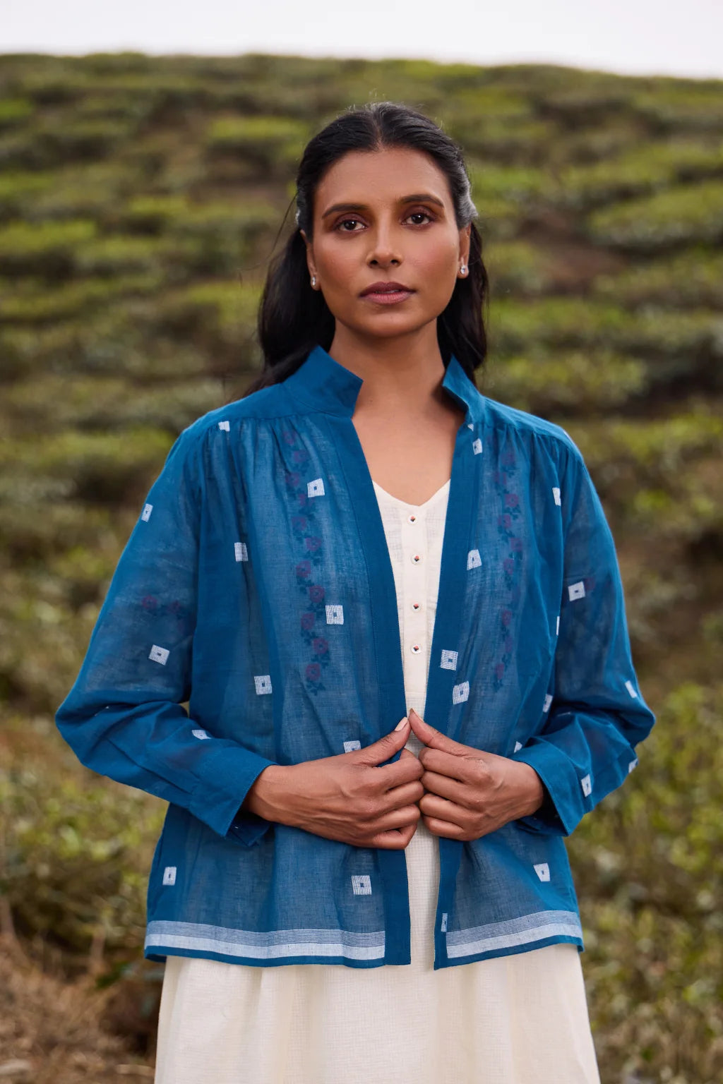 Sarron Jatra Blue Overlay, deep teal front-open cotton Jamdani overlay with a checked weave.