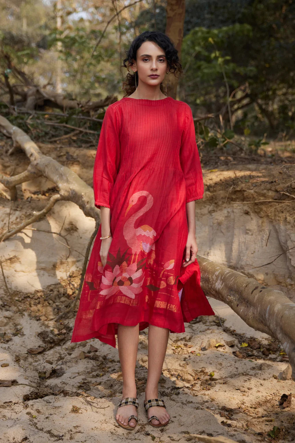 Sarron Jhuma Dress, red silk-cotton Jamdani dress with a handwoven flamingo and lotus-pond motif.