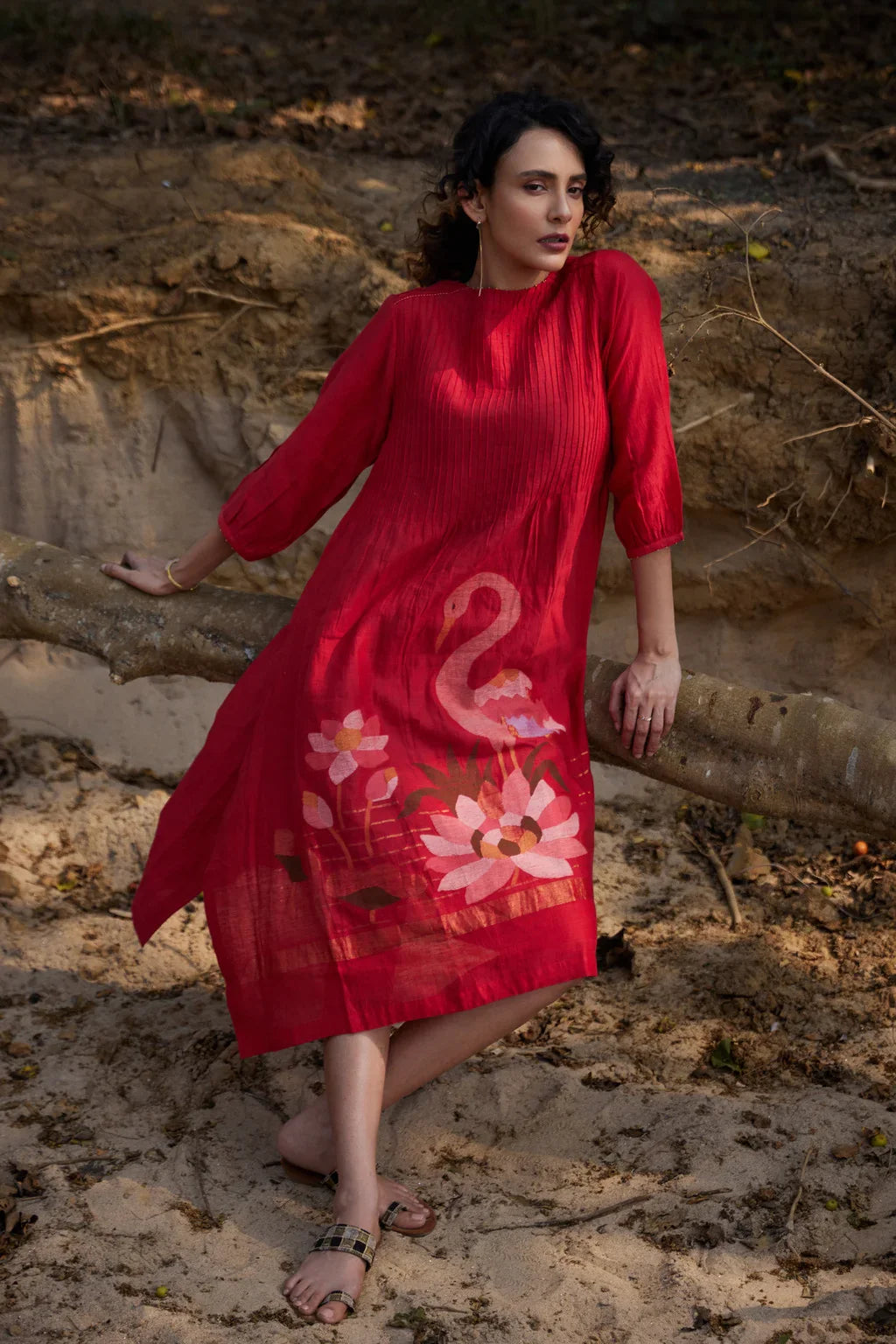 Sarron Jhuma Dress, red silk-cotton Jamdani dress with a handwoven flamingo and lotus-pond motif.