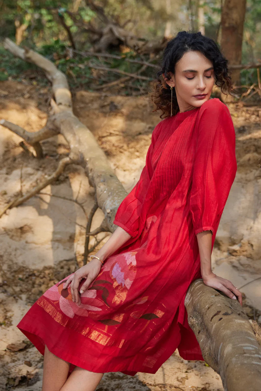 Sarron Jhuma Dress, red silk-cotton Jamdani dress with a handwoven flamingo and lotus-pond motif.