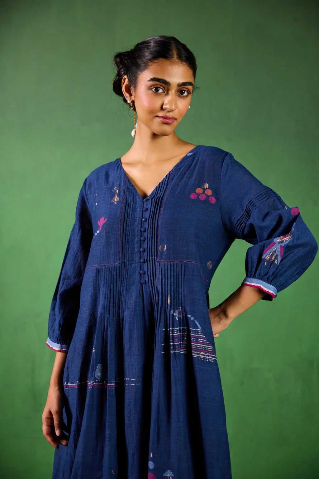Sarron Jivika Dress, deep indigo silk-cotton Jamdani dress with handwoven bird and tribal motifs.