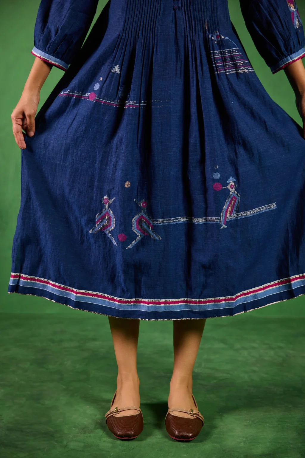 Sarron Jivika Dress, deep indigo silk-cotton Jamdani dress with handwoven bird and tribal motifs.
