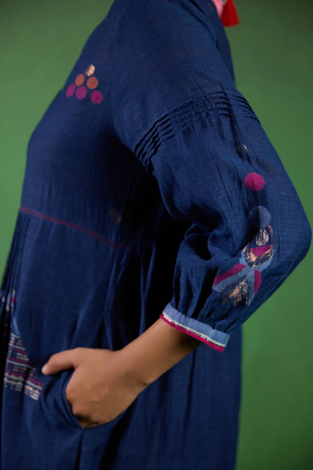 Sarron Jivika Dress, deep indigo silk-cotton Jamdani dress with handwoven bird and tribal motifs.