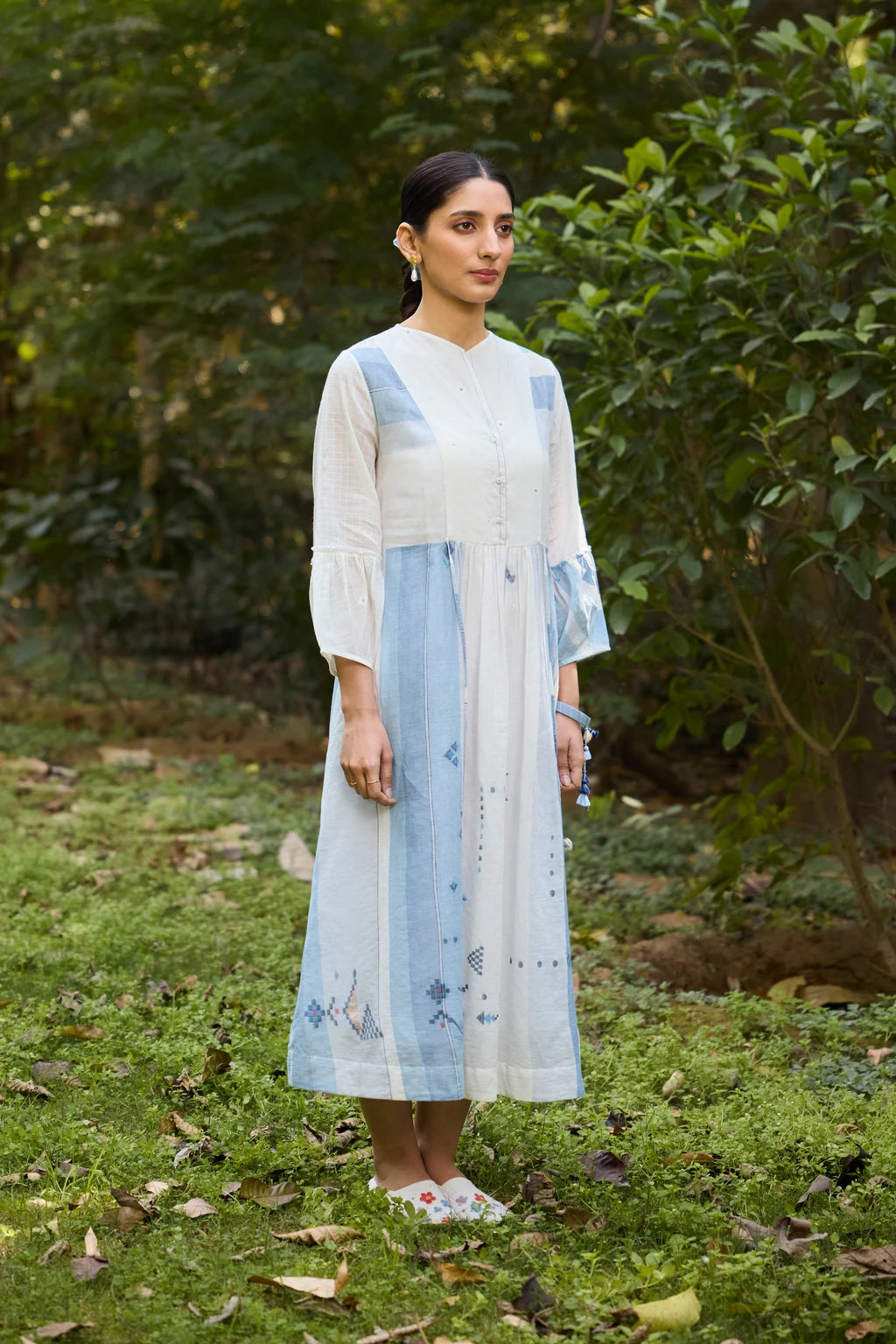 Kaaya Dress — White and blue patchwork Jamdani dress — back view | Sarron