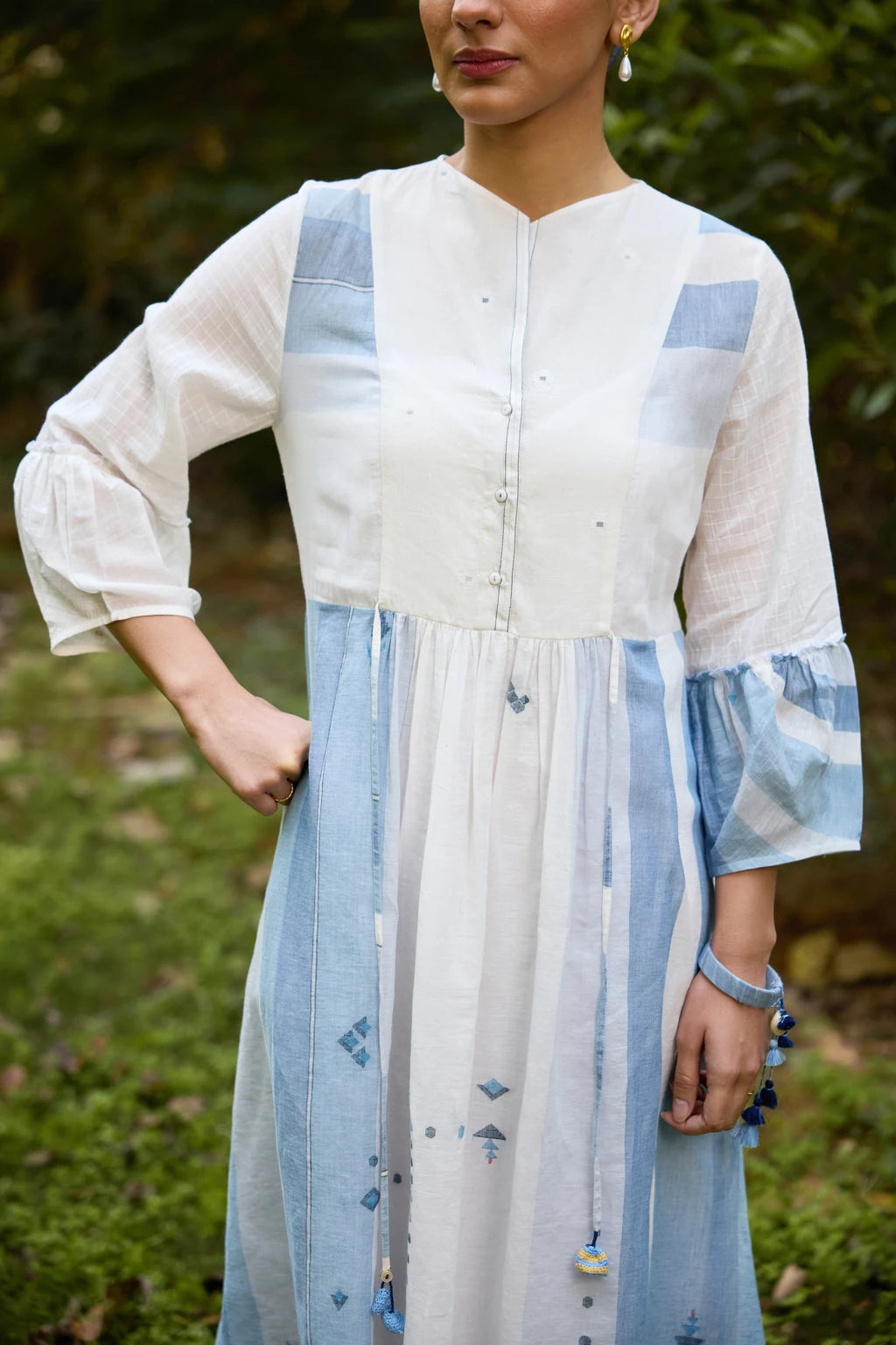 Kaaya Dress — White and blue patchwork Jamdani dress — close-up | Sarron