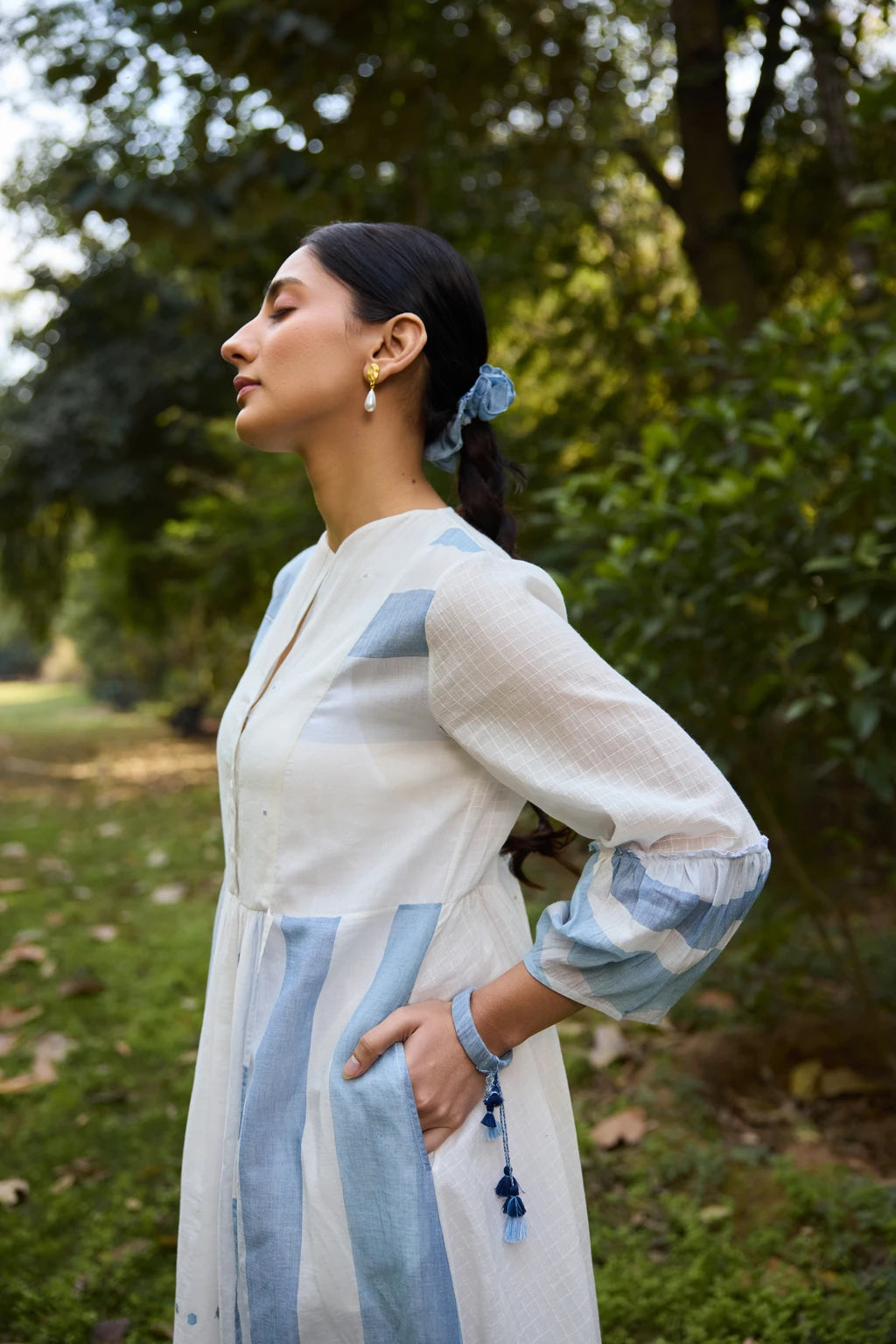 Kaaya Dress — White and blue patchwork Jamdani dress — full length | Sarron