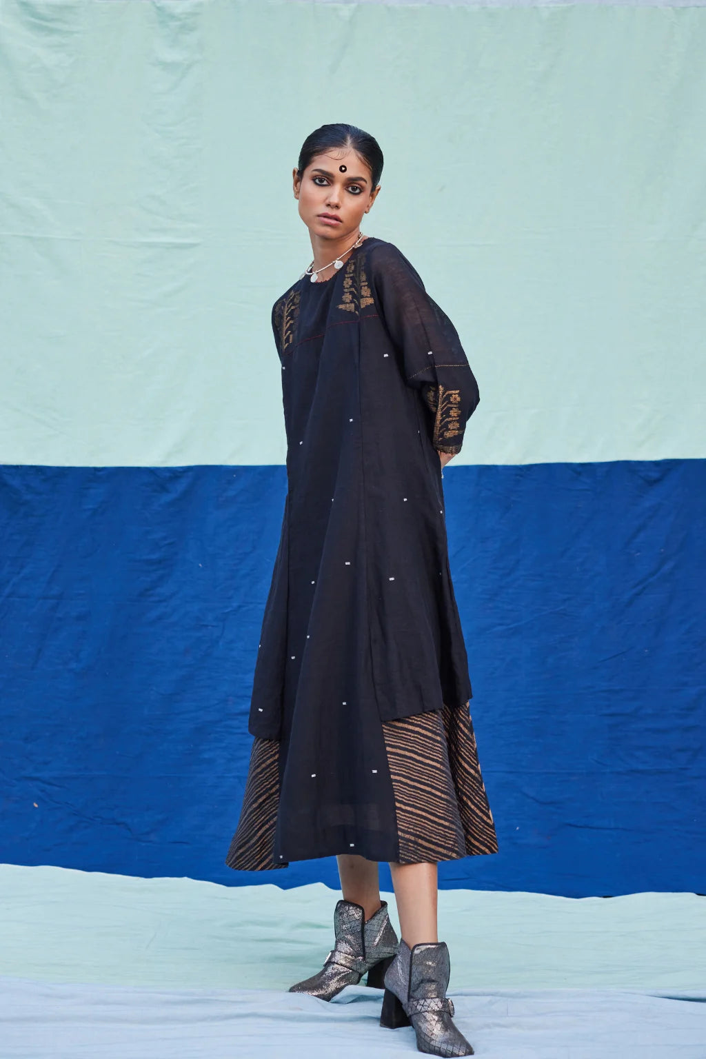 Sarron Kajol Dress, black silk-cotton Jamdani dress with zari butas and Kantha hand embroidery.