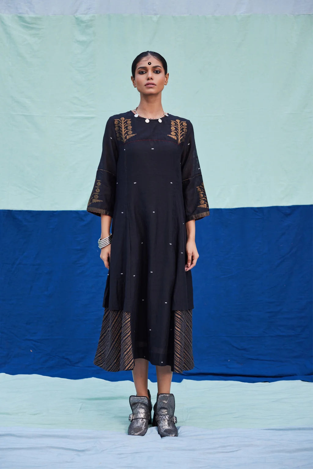 Sarron Kajol Dress, black silk-cotton Jamdani dress with zari butas and Kantha hand embroidery.