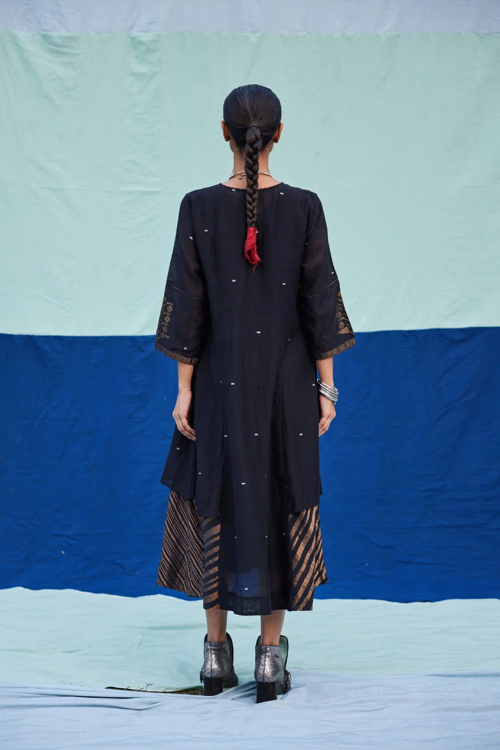 Sarron Kajol Dress, black silk-cotton Jamdani dress with zari butas and Kantha hand embroidery.