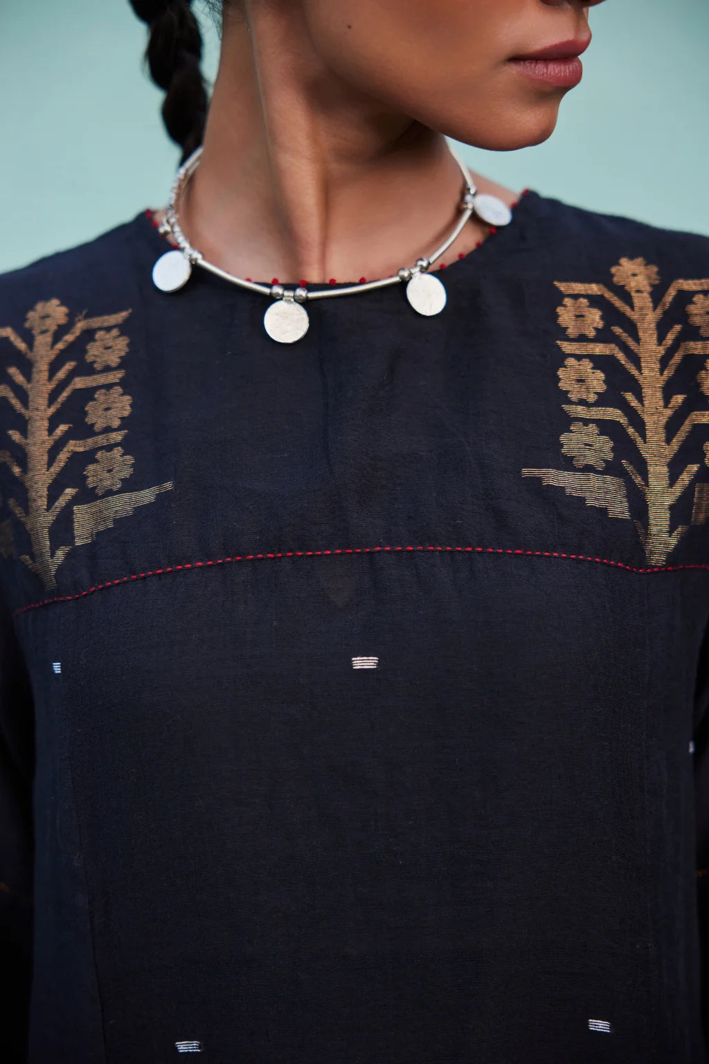 Sarron Kajol Dress, black silk-cotton Jamdani dress with zari butas and Kantha hand embroidery.